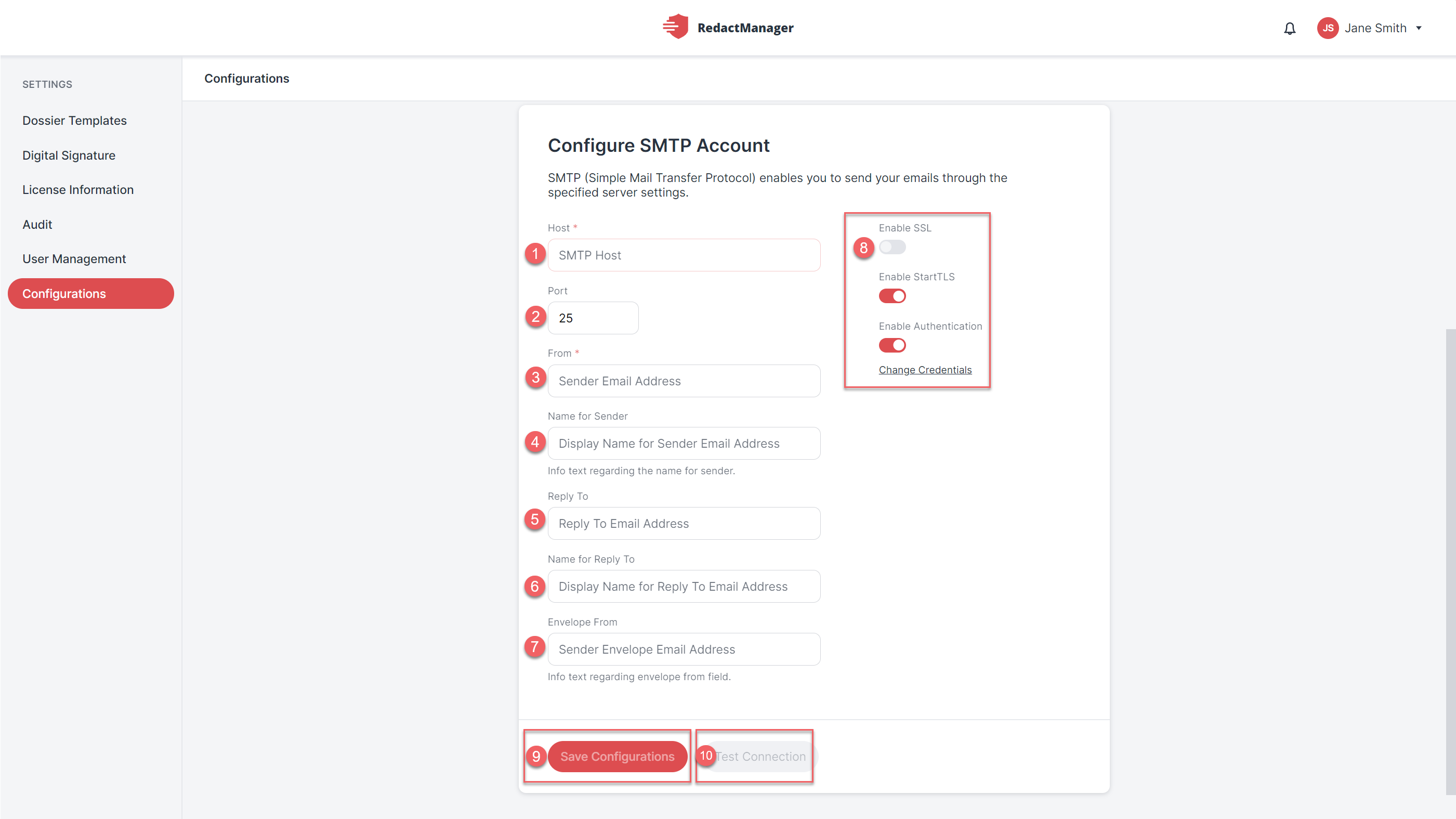 Füllen Sie das SMTP-Server-Formular aus, um den Server zu konfigurieren.