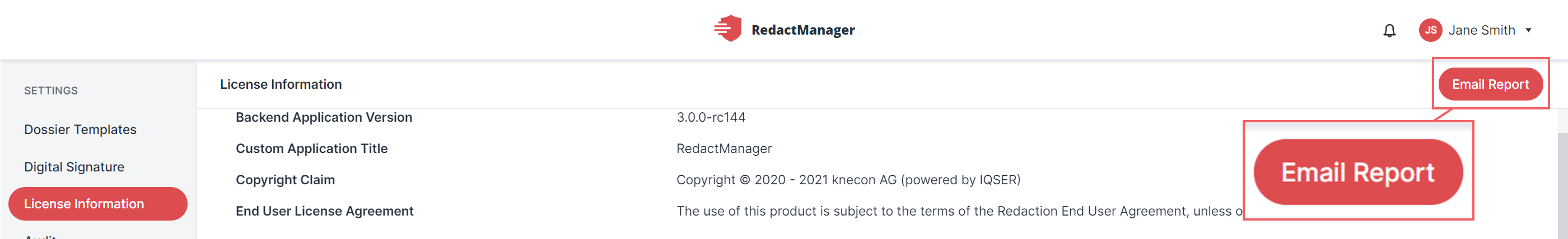 Per Klick auf den E-Mail-Bericht-Button können Sie eine E-Mail mit Lizenzdaten an den Hersteller schicken.