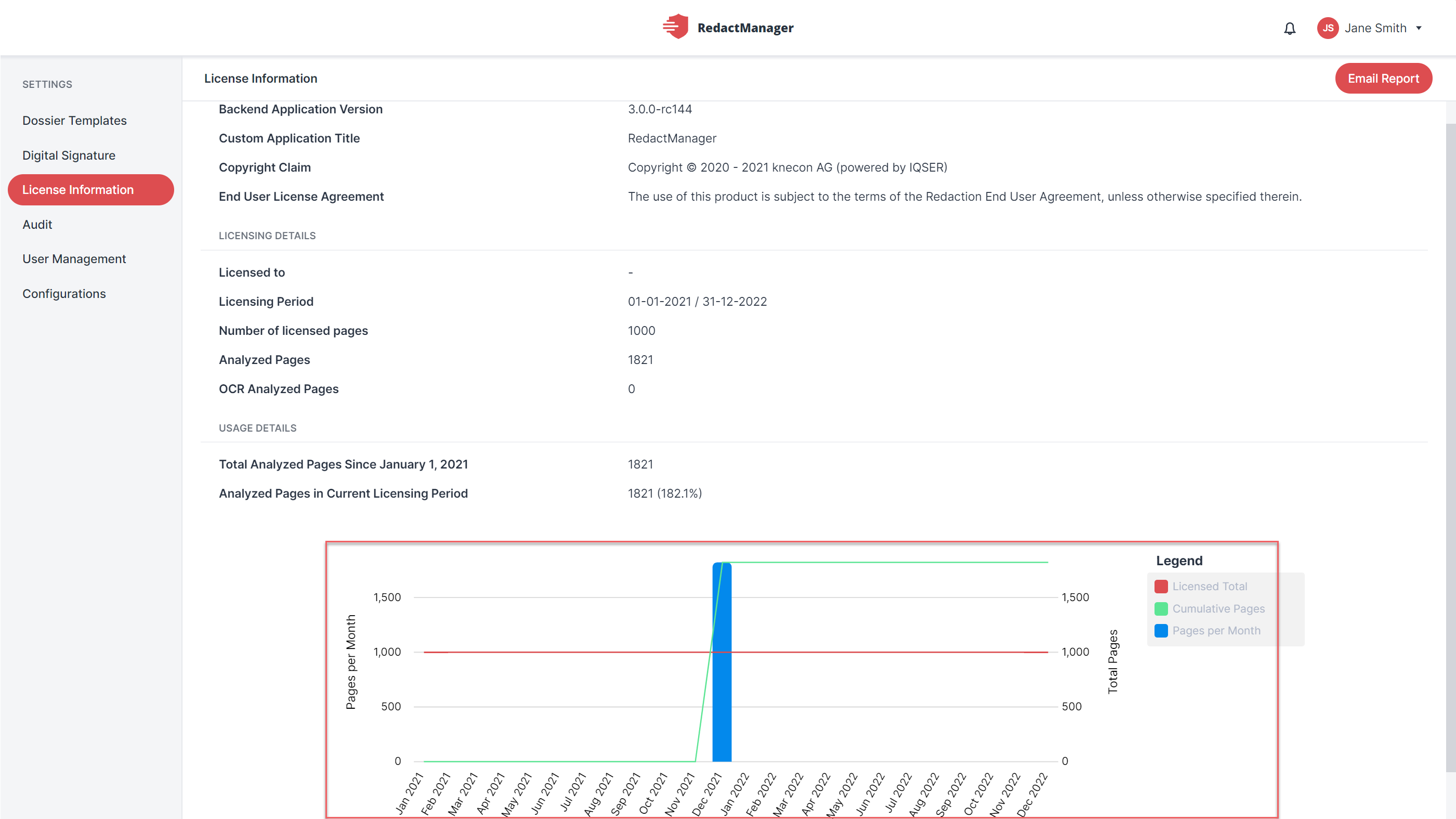 Unter „Lizenzinformationen“ finden Sie Informationen zu Ihrer RedactManager-Lizenz.